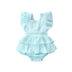 Newborn Baby Girl Ruffle Hem Cotton Solid Color Sleeveless Overalls