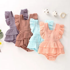 Newborn Baby Girl Ruffle Hem Cotton Solid Color Sleeveless Overalls