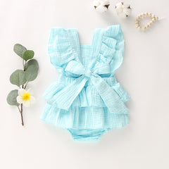 Newborn Baby Girl Ruffle Hem Cotton Solid Color Sleeveless Overalls