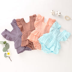 Newborn Baby Girl Ruffle Hem Cotton Solid Color Sleeveless Overalls