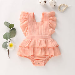 Newborn Baby Girl Ruffle Hem Cotton Solid Color Sleeveless Overalls