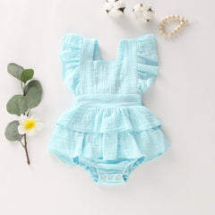 Newborn Baby Girl Ruffle Hem Cotton Solid Color Sleeveless Overalls