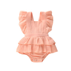 Newborn Baby Girl Ruffle Hem Cotton Solid Color Sleeveless Overalls