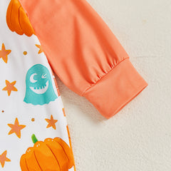 Baby Girl Ghost & Pumpkin Print Romper , Long Sleeves, and Matching Hat