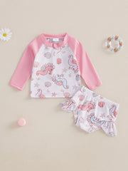 Baby Girl Seashell & Seahorse Print Rash Guard Swimsuit