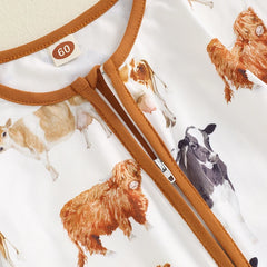 Baby Boy Cow & Horse Print, Long Sleeve, Zip-Up Fall Romper