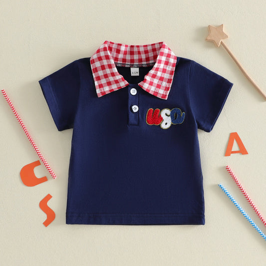 Baby Boy Letter Embroidered Plaid Collared 4th of July Shirt