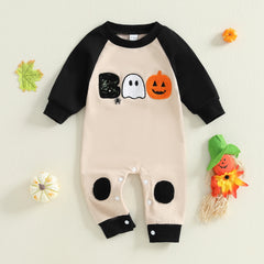 Baby Boy Pumpkin & Ghost Crew Neck Halloween Romper