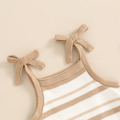 Baby Girl Sleeveless Bow Strap Ruffle Striped Ribbed Romper