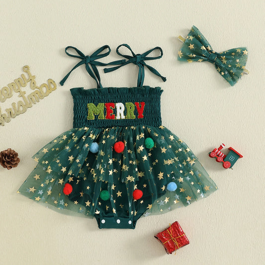 Newborn Baby Girl Christmas Smocked Romper with Headband