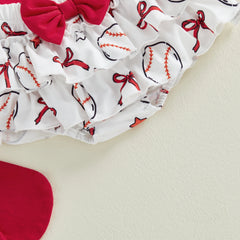 Baby Girl Letter Bow Print Baseball Season Outfit