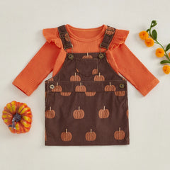 Baby Girls Long Sleeve Ruffled Ribbed Pumpkin Print Overalls Outfits