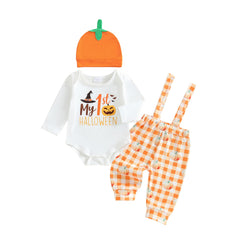 Newborn Baby Boy Pumpkin Romper, Pants & Beanie Halloween Outfit