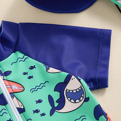 Baby Boy Rash Guard Zip-Up Swimsuit with Sun Hat