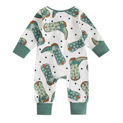 Baby Boy Long Sleeve, Crew Neck, Boots Print, Zippered Romper