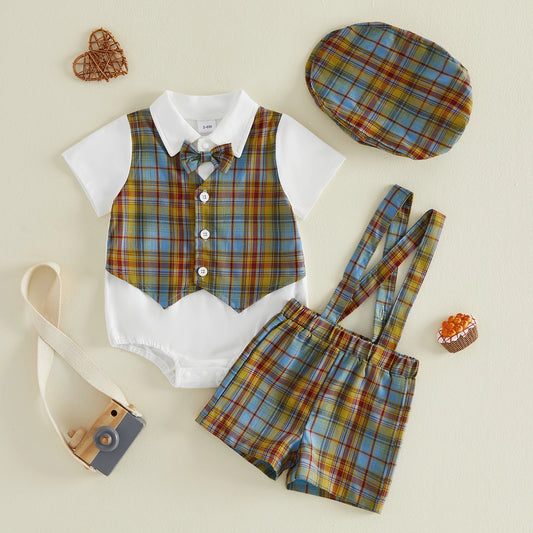 Baby Boys Plaid Overall Shorts and Hat Outfit