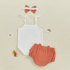 Baby Girl Rainbow Cami, Tiered Shorts & Bow Headband Romper Set