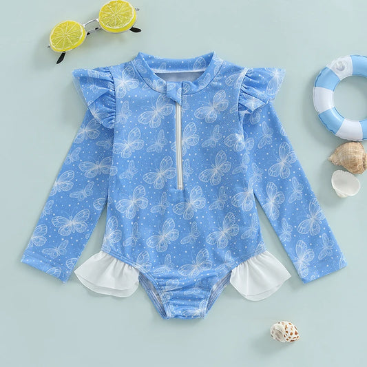 Baby Girl Long Sleeve Rash Guard Swimsuit – UV Protection with Ruffle Detail & Animal Print