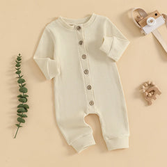 Unisex Waffle Knit Solid Color, Long Sleeve, Button Down Baby Romper