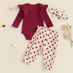 Baby Girl Long Sleeve Romper, Dot Pants & Matching Headband Set