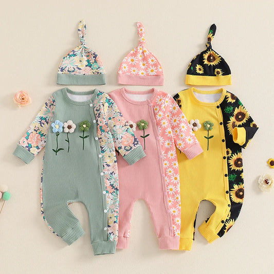 Baby Girl Floral Button-Down Romper with 3D Flowers, Long Sleeve & Hat Set