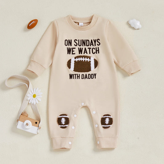 Baby Boys Fall Football Embroidery Long Sleeve Romper