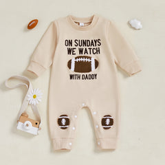 Baby Boys Fall Football Embroidery Long Sleeve Romper