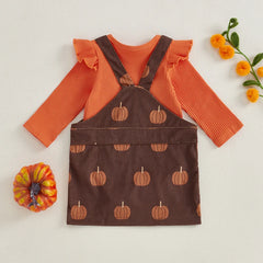 Baby Girls Long Sleeve Ruffled Ribbed Pumpkin Print Overalls Outfits