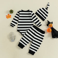 Baby Boys Letter Print Romper, Striped Pants & Cap Halloween Outfit