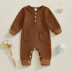 0–18M Unisex Baby Solid Color, Long Sleeve, Button-Up Romper