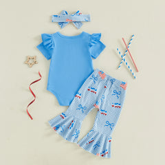 Baby Girls Letter Embroidery Romper and Plaid Bow 4th of July Outfit