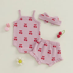 Baby Girl Cherry Print Romper & Shorts Set with Headband