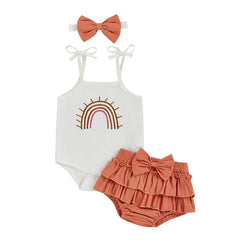 Baby Girl Rainbow Cami, Tiered Shorts & Bow Headband Romper Set