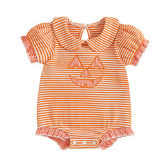 Baby Girl Short Sleeve, Doll Collar & Striped Print Halloween Onesie