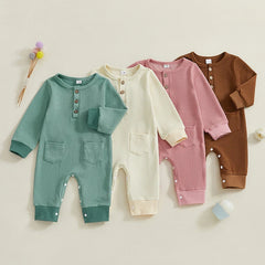 0–18M Unisex Baby Solid Color, Long Sleeve, Button-Up Romper