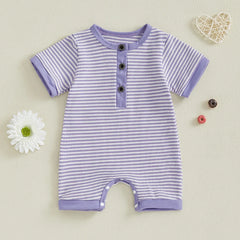 Unisex Newborn Short Sleeve Crewneck Button Front Stripes Print Romper Playsuit
