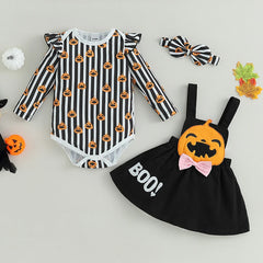 0–18M Baby Girl Halloween Pumpkin Print Romper & Suspender Skirt Set