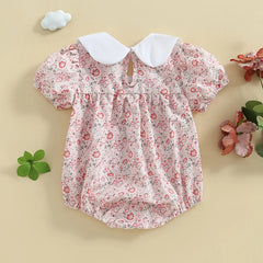 Newborn Baby Girl Short Sleeve Doll Collar Floral Print Onesie