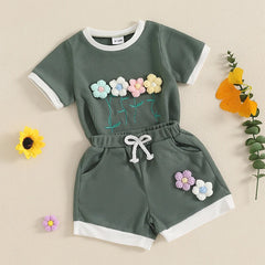 Toddler Girl Waffle Set with 3D Flower Top & Stretchy Shorts