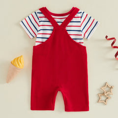 Baby Boys 4th of July Outfit Striped Romper with Flag Embroidery Overalls