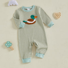 Newborn Baby Boys Long Sleeve Stripes Duck Embroidery Casual Autumn Romper