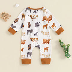 Baby Boy Cow & Horse Print, Long Sleeve, Zip-Up Fall Romper