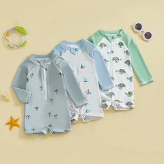 Baby Boys Shark & Palm Print, Long Sleeve, Zip-Up Rash Guard Swimsuit