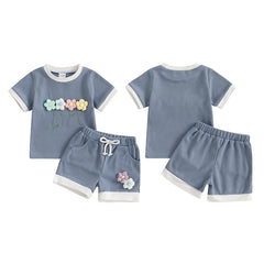 Toddler Girl Waffle Set with 3D Flower Top & Stretchy Shorts