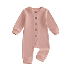 Unisex Waffle Knit Solid Color, Long Sleeve, Button Down Baby Romper