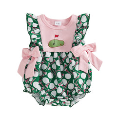 Baby Girl Ruffle Sleeveless Golf Ball Print Bow Romper