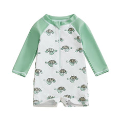 Baby Boys Shark & Palm Print, Long Sleeve, Zip-Up Rash Guard Swimsuit