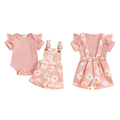 Baby Girl Flower Print Onesie & Suspender Shorts Set