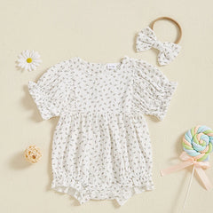 Baby Girl Solid Color Short Sleeve Onesie with Headband