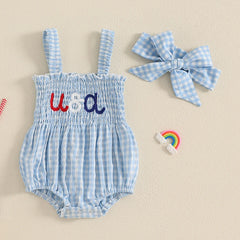 Baby Girl July 4th Outfit Plaid Letter Embroidery Romper Headband Summer Set